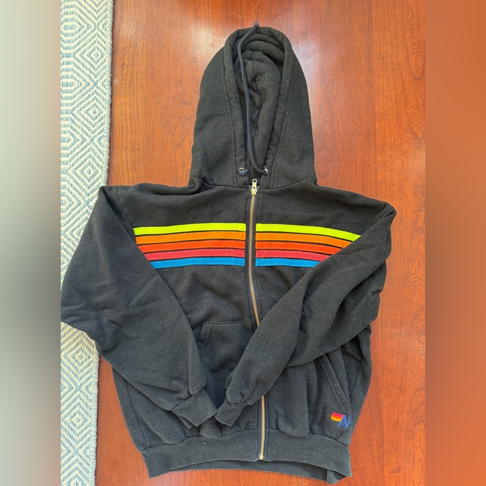 Aviator Nation Black Hoodie, size small, 5 neon stripe